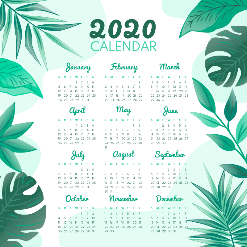 绿色叶子设计2020年日历矢量素材(AI/EPS)