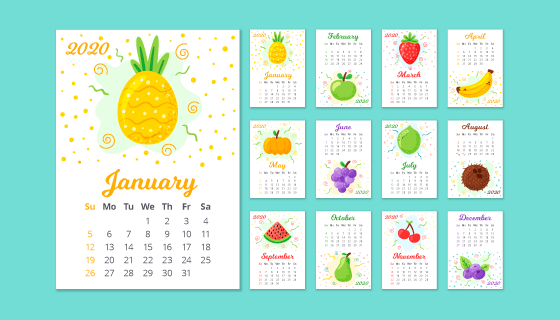 手绘水果设计2020年日历矢量素材(AI/EPS)