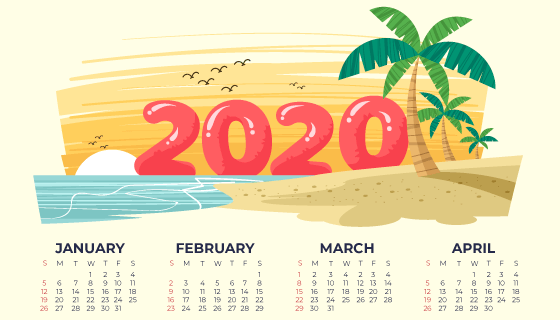 手绘海滩设计2020年日历矢量素材(AI/EPS)