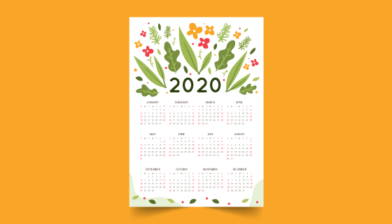 手绘花朵叶子2020年日历矢量素材(AI/EPS)