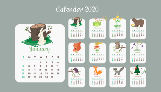 可爱的动物植物设计2020年日历矢量素材(AI/EPS)