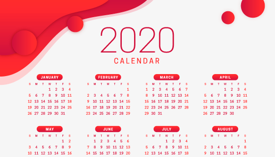 红色简单设计的2020年日历矢量素材(AI/EPS)