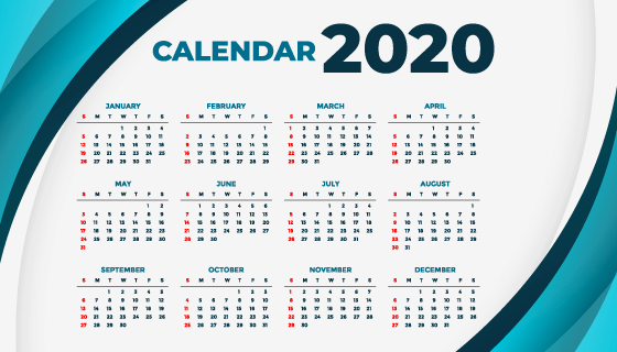 蓝色曲线设计2020年日历矢量素材(EPS)