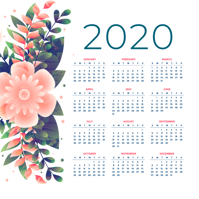 漂亮花卉设计2020年日历矢量素材(EPS)