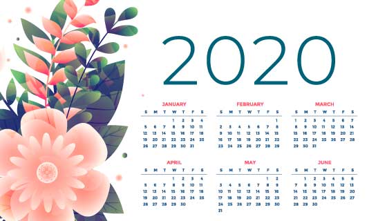 漂亮花卉设计2020年日历矢量素材(EPS)