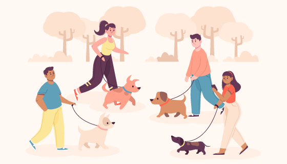 公园里散步遛狗的人矢量素材(AI/EPS)
