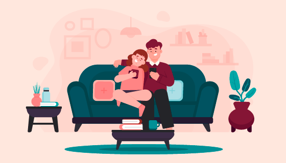 坐在沙发上刷手机的甜蜜夫妻矢量素材(AI/EPS)