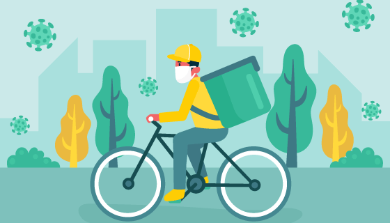 带口罩骑自行车送货的快递员矢量素材(AI/EPS)