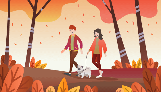 秋天里散步遛狗的人们矢量素材(AI/EPS)