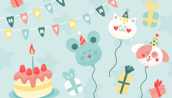 可爱的蛋糕和气球生日快乐背景矢量素材(AI/EPS)