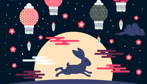 月下奔跑的兔子设计中秋节矢量素材(AI/EPS)