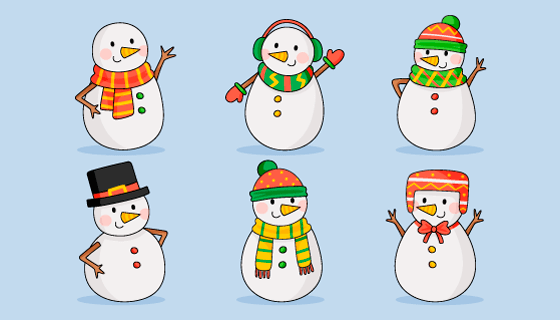 6个手绘风格可爱的雪人矢量素材(AI/EPS/PNG)