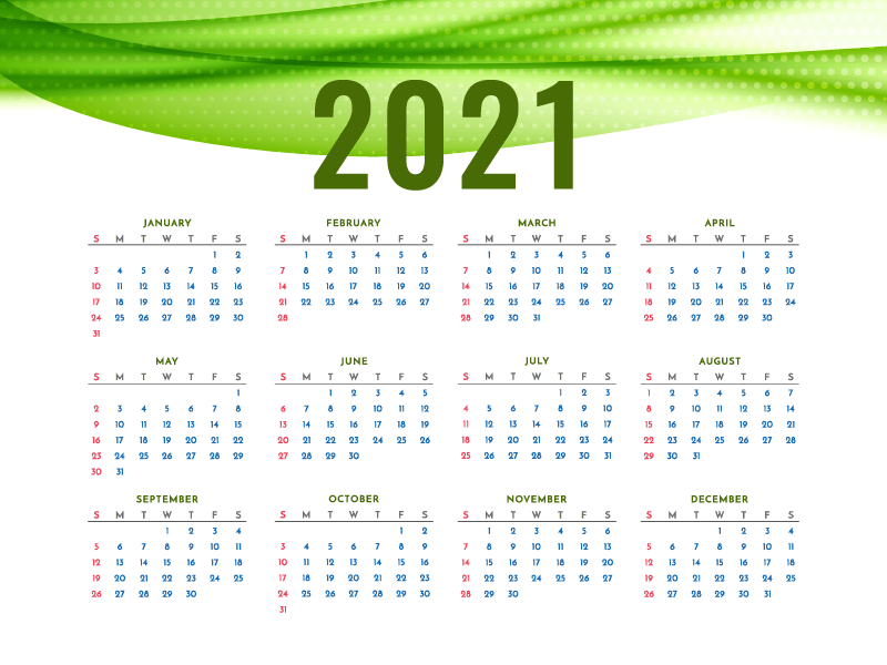 绿色波浪设计2021年日历矢量素材(EPS)