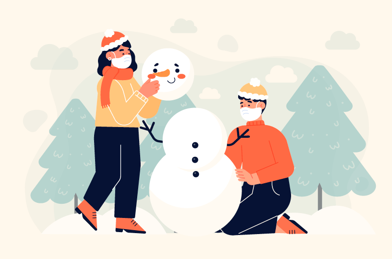 带着口罩堆雪人的人们矢量素材(AI/EPS)