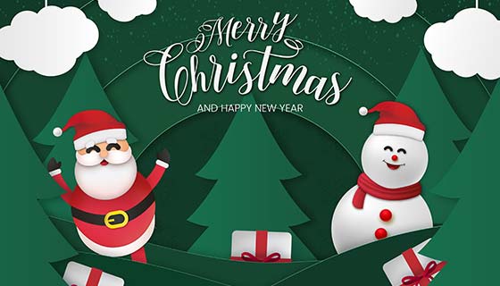 圣诞老人和雪人设计圣诞节快乐贺卡矢量素材(EPS)