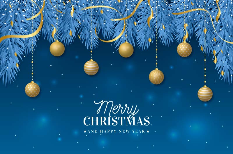 蓝色树枝金色圣诞球圣诞节背景矢量素材(AI/EPS)
