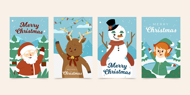 四张扁平风格圣诞节贺卡矢量素材(AI/EPS)