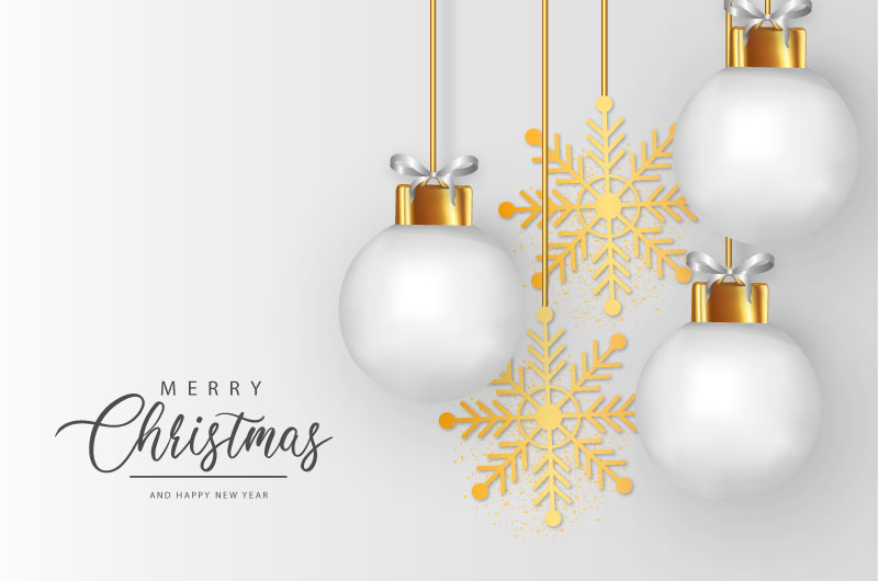 白色圣诞球和金色雪花设计圣诞节背景矢量素材(EPS)