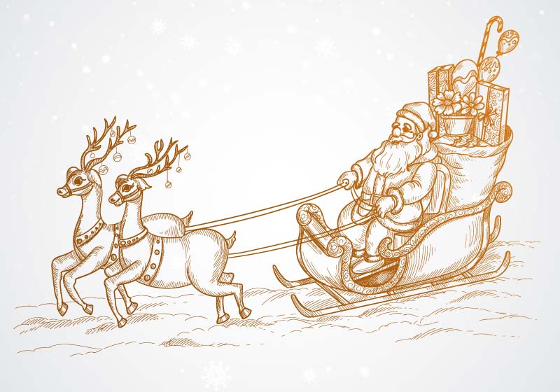 圣诞驯鹿拉着圣诞老人素描矢量素材(EPS)