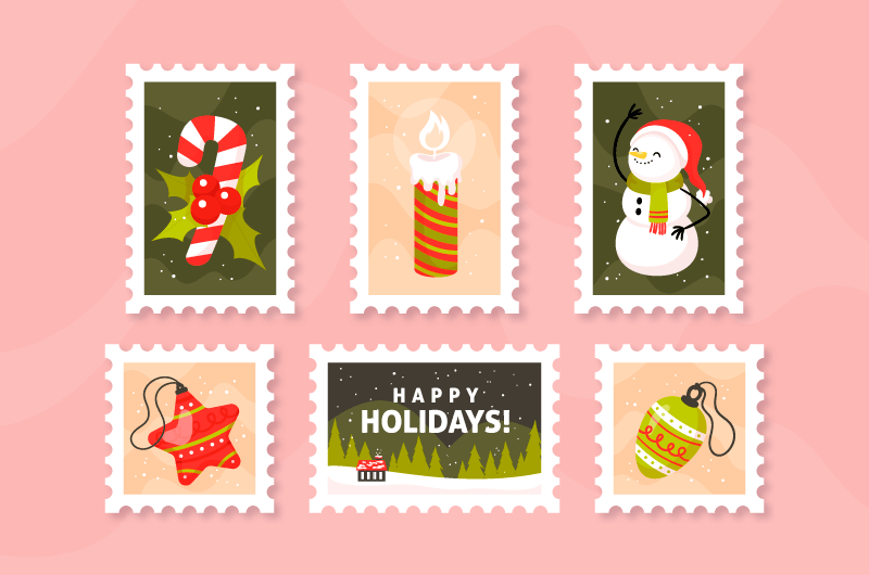 五张手绘风格的圣诞邮票矢量素材(AI/EPS/免扣PNG)