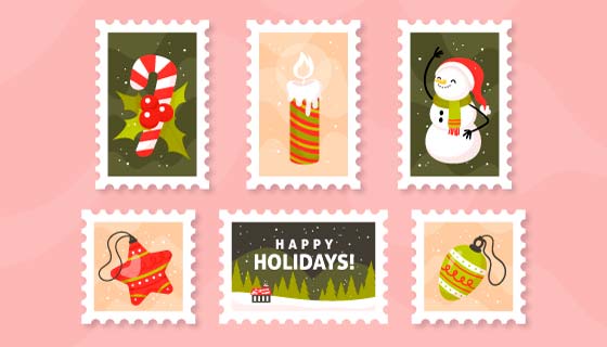 五张手绘风格的圣诞邮票矢量素材(AI/EPS/PNG)