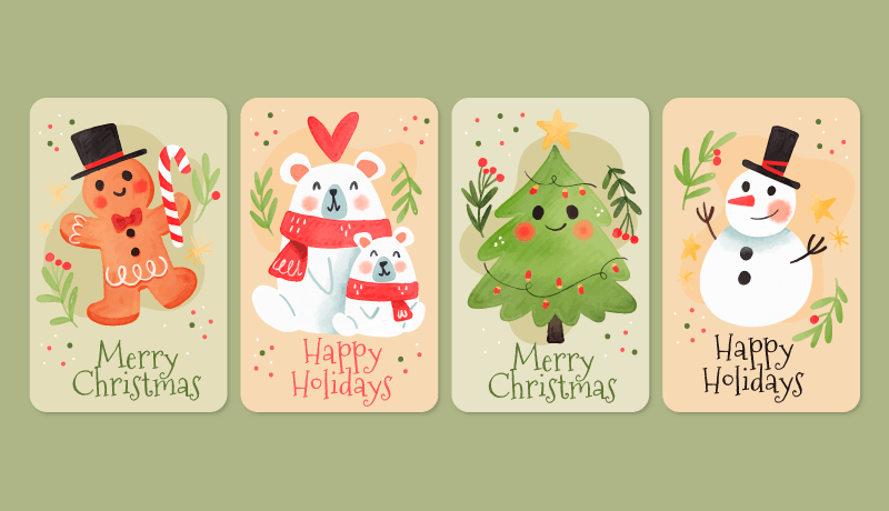 四张水彩风格的圣诞节贺卡矢量素材(AI/EPS)