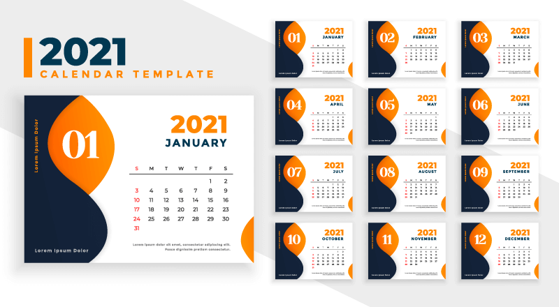 橙色现代风格2021年日历矢量素材(EPS)
