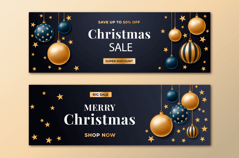 金色圣诞球和星星设计圣诞节banner矢量素材(AI/EPS)
