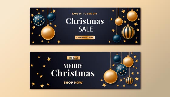 金色圣诞球和星星设计圣诞节banner矢量素材(AI/EPS)