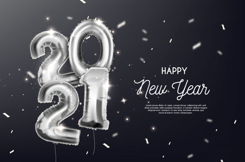 银色数字气球设计2021新年快乐矢量素材(AI/EPS)