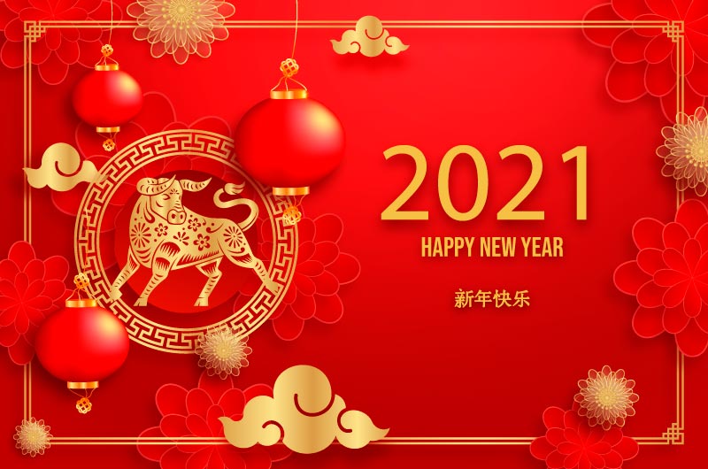 火红喜庆的2021牛年快乐矢量素材(AI/EPS)