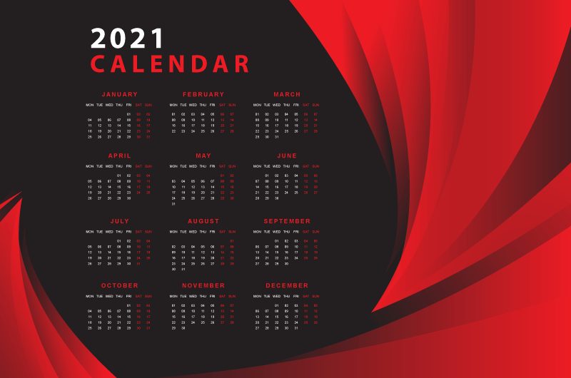 黑红色设计抽象2021年日历矢量素材(EPS)