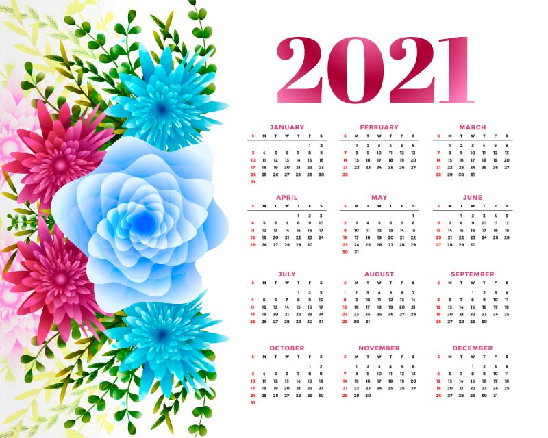 多彩花卉设计2021年日历矢量素材(EPS)