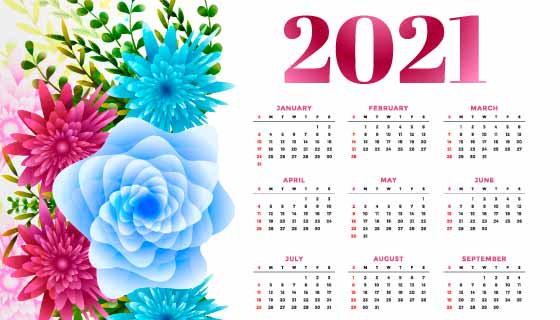 多彩花卉设计2021年日历矢量素材(EPS)