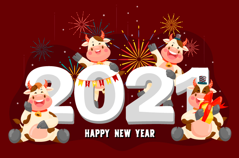 四头开心的牛2021新年快乐矢量素材(EPS)