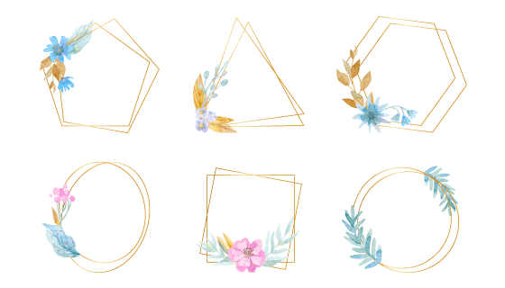 六个水彩花朵设计的金色边框矢量素材(AI/EPS/PNG)
