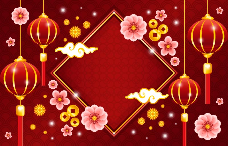 灯笼和梅花设计春节背景矢量素材(EPS)