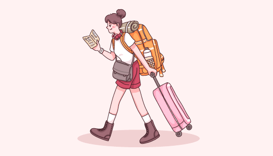女子背着背包拉着行李箱去旅游矢量素材(EPS)