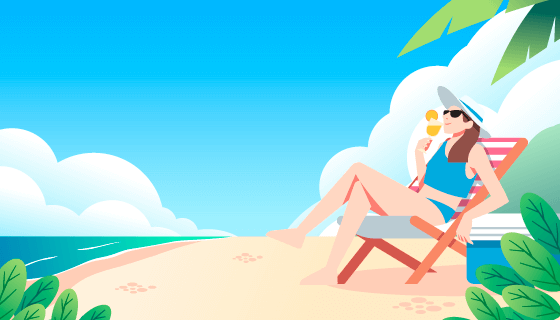 在海滩上晒太阳喝饮料的女子矢量素材(AI/EPS)