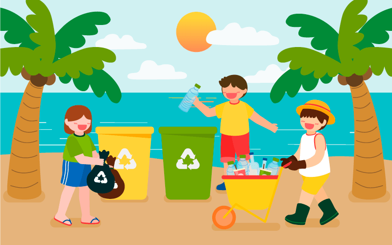 爱护环境收拾垃圾的孩子们矢量素材(EPS)