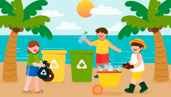 爱护环境收拾垃圾的孩子们矢量素材(EPS)