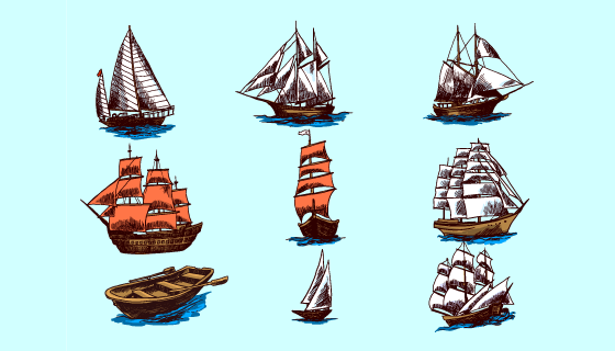九个手绘风格的船/帆船矢量素材(EPS)