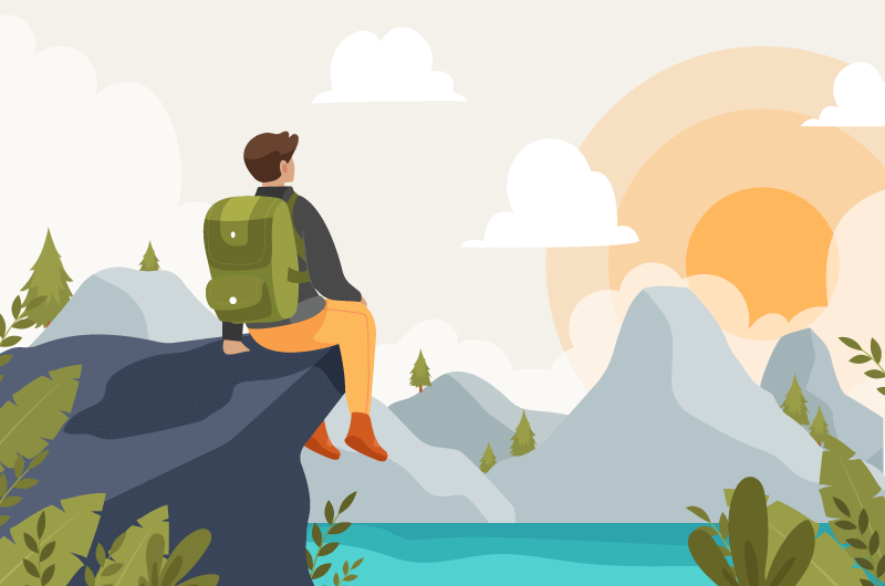 坐在悬崖边上看日出日落的登山者矢量素材(AI/EPS)