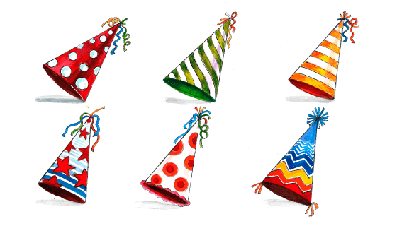 六个水彩风格漂亮的生日帽矢量素材(EPS)