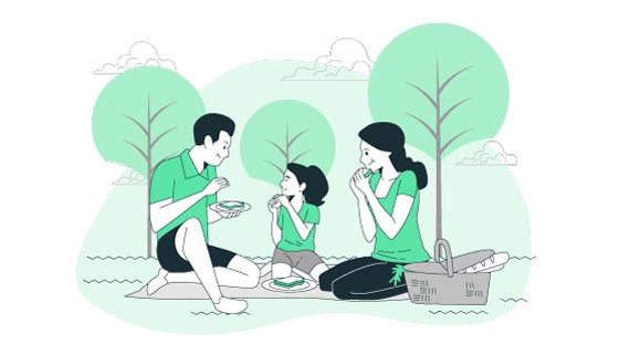 一家三口在户外野餐插画矢量素材(AI/EPS)