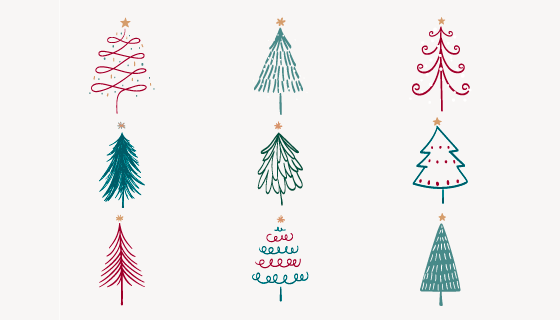 九棵涂鸦风格的圣诞树矢量素材(EPS/PNG)