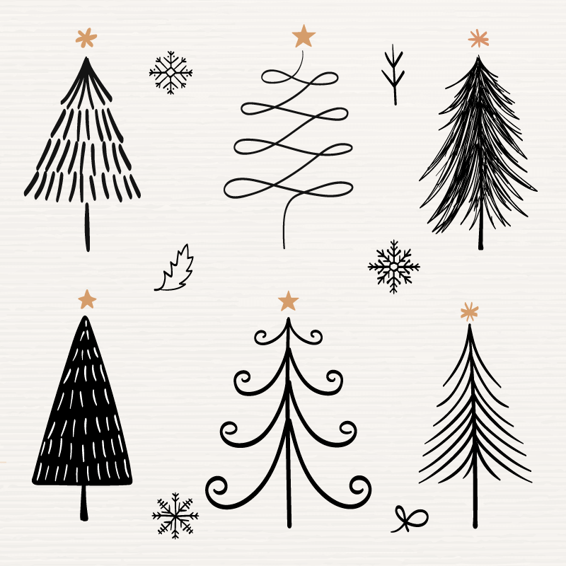 九棵涂鸦风格的圣诞树矢量素材(EPS/免扣PNG)
