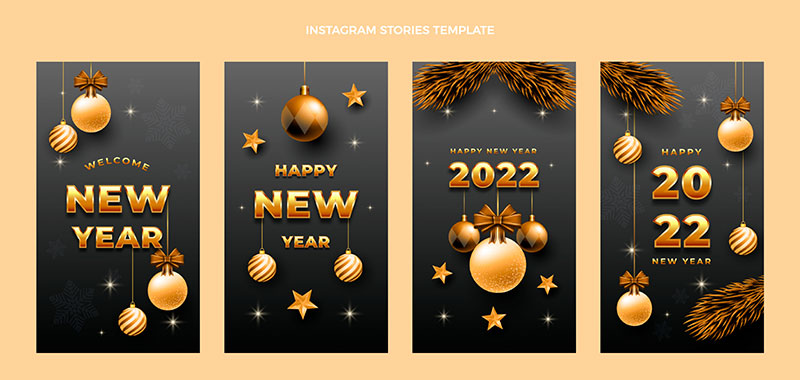 四张金色奢华的2022新年快乐卡片矢量素材(AI/EPS)