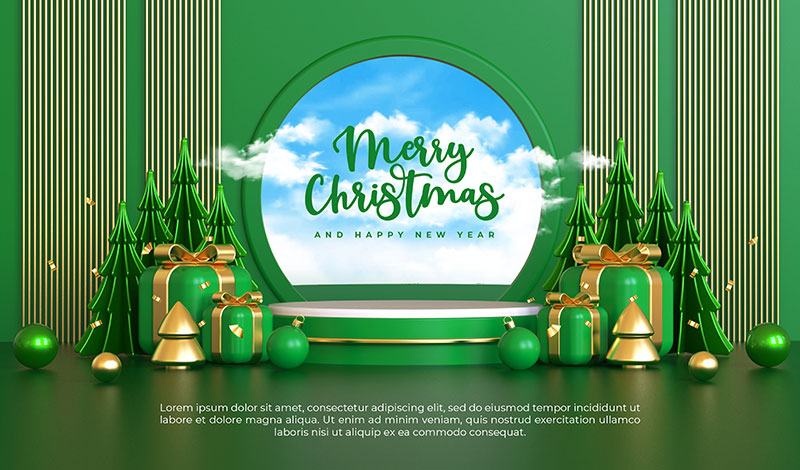 绿色立体的圣诞快乐和新年快乐舞台素材(PSD)