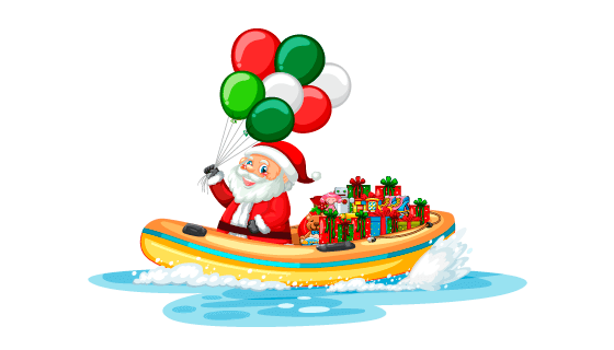 坐着汽艇送礼物的圣诞老人矢量素材(EPS/PNG)
